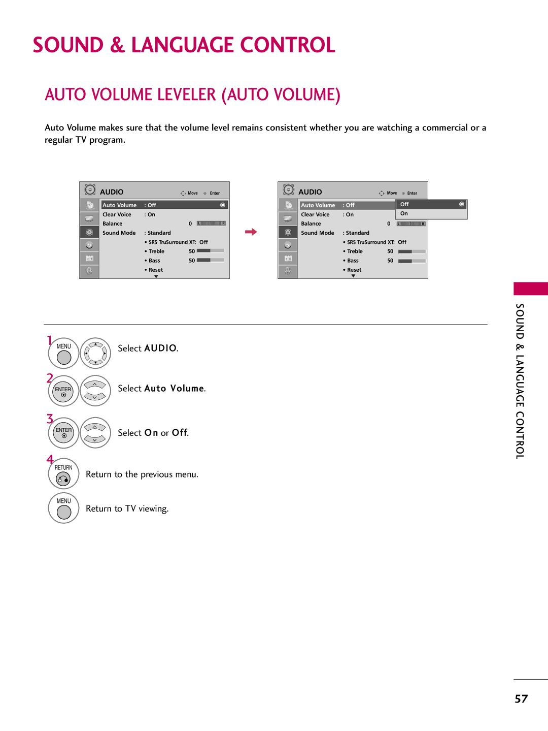 LG Electronics 32700H, 42700H Sound & Language Control, Auto Volume Leveler Auto Volume, Select Audio, Select Auto Volume 