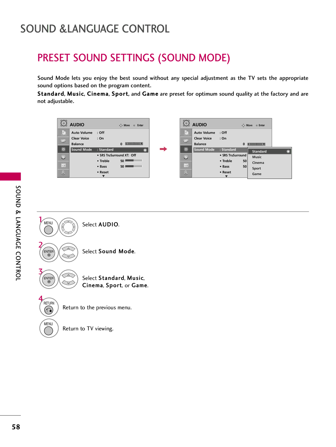 LG Electronics SAC30708043, 42700H, 37700H Preset Sound Settings Sound Mode, Select Sound Mode, Select Standard, Music 