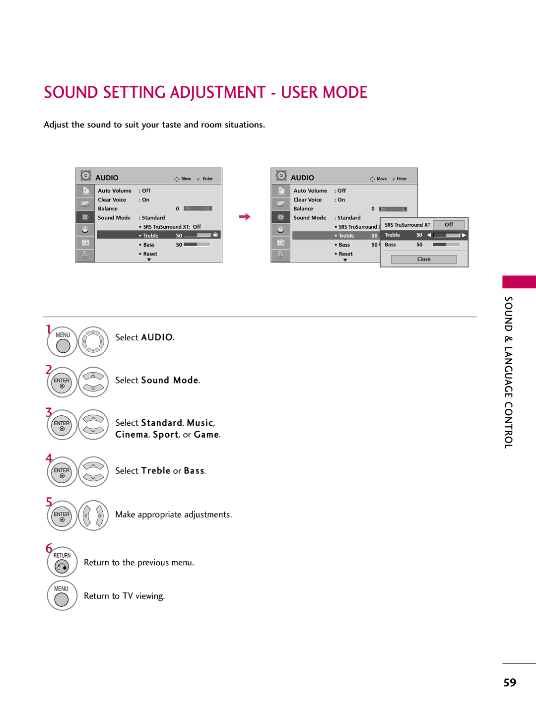 LG Electronics 42700H, 37700H Sound Setting Adjustment User Mode, Adjust the sound to suit your taste and room situations 