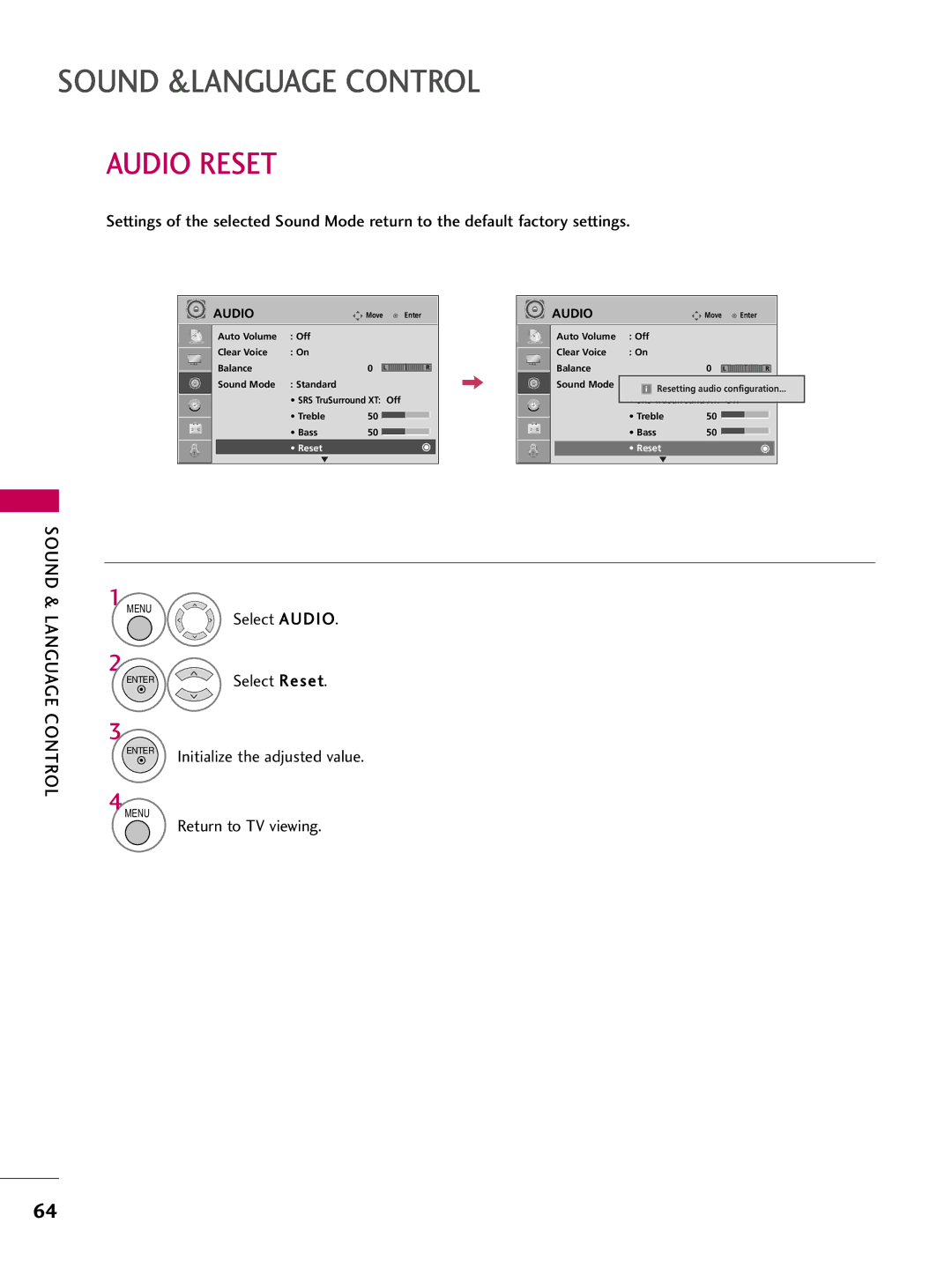 LG Electronics 37700H, SAC30708043, 42700H, 32700H owner manual Audio Reset 