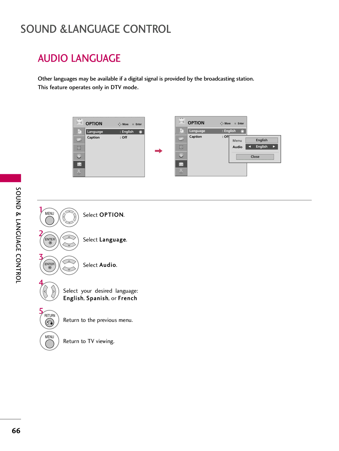 LG Electronics SAC30708043, 42700H, 37700H, 32700H Audio Language, Sound, Language Control, Select Language Select Audio 