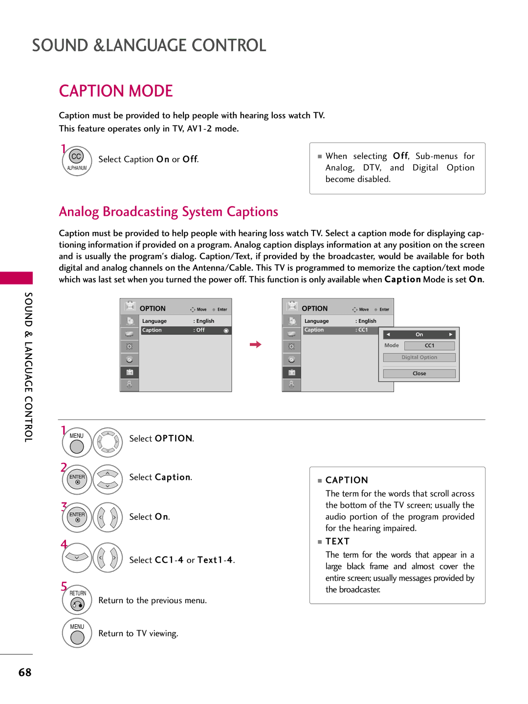 LG Electronics 37700H, 42700H Caption Mode, Analog Broadcasting System Captions, Analog, DTV, and Digital Option, Text 