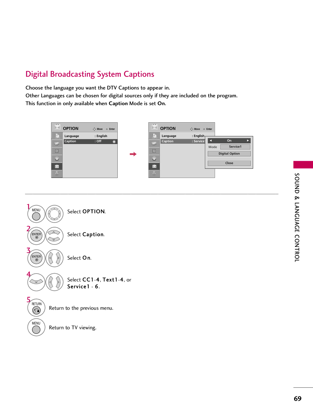 LG Electronics 32700H, SAC30708043, 42700H, 37700H Digital Broadcasting System Captions, Select CC1-4, Text1-4, or Service1 