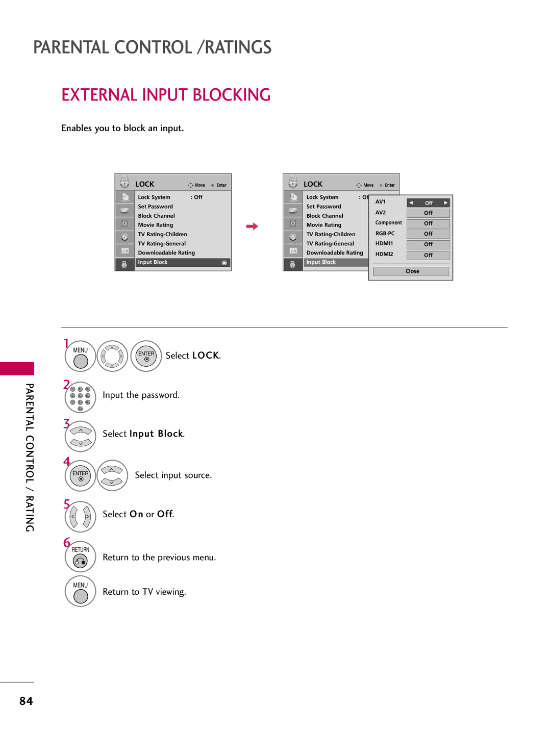 LG Electronics 37700H, SAC30708043, 42700H, 32700H owner manual External Input Blocking, Enables you to block an input 