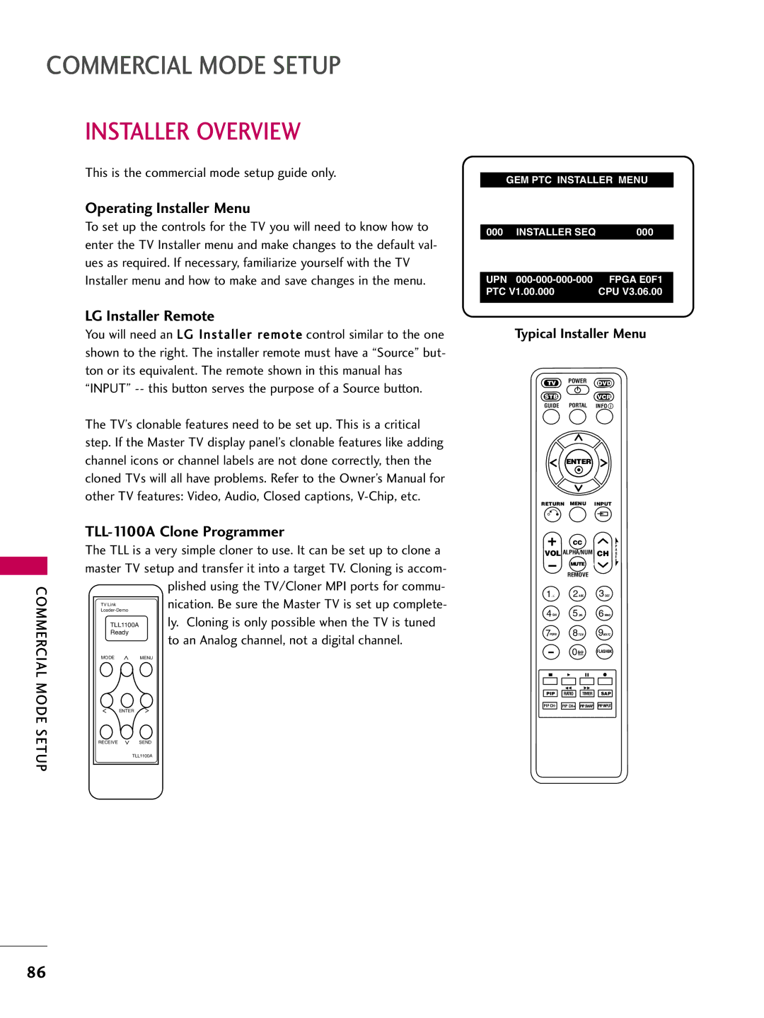 LG Electronics SAC30708043 Installer Overview, Operating Installer Menu, LG Installer Remote, TLL-1100A Clone Programmer 