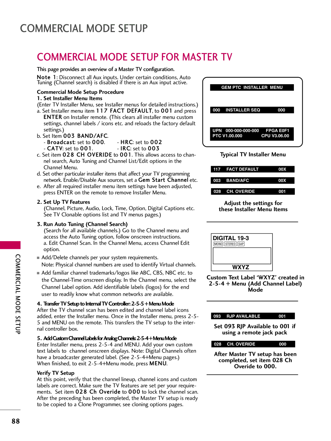 LG Electronics 37700H Commercial Mode Setup for Master TV, Commercial Mode Setup Procedure Set Installer Menu Items 