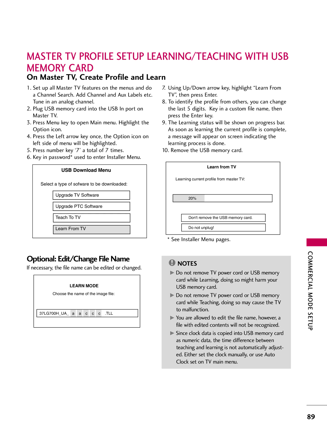 LG Electronics 32700H On Master TV, Create Profile and Learn, Optional Edit/Change File Name, Remove the USB memory card 