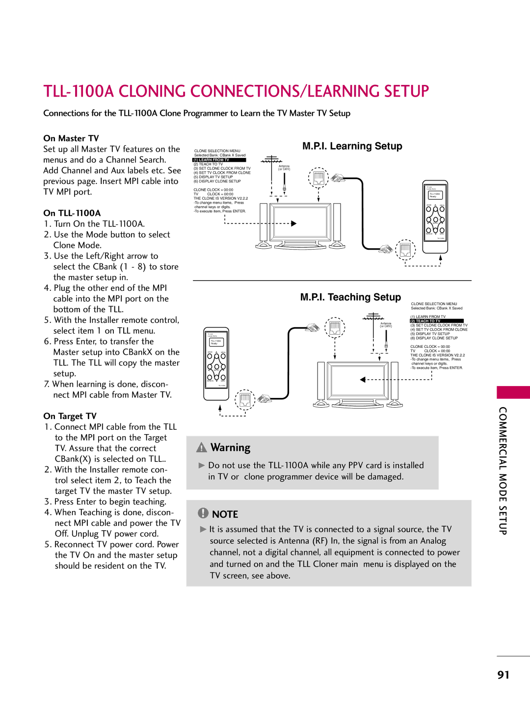 LG Electronics 42700H, SAC30708043 TLL-1100A Cloning CONNECTIONS/LEARNING Setup, On Master TV, On TLL-1100A, On Target TV 