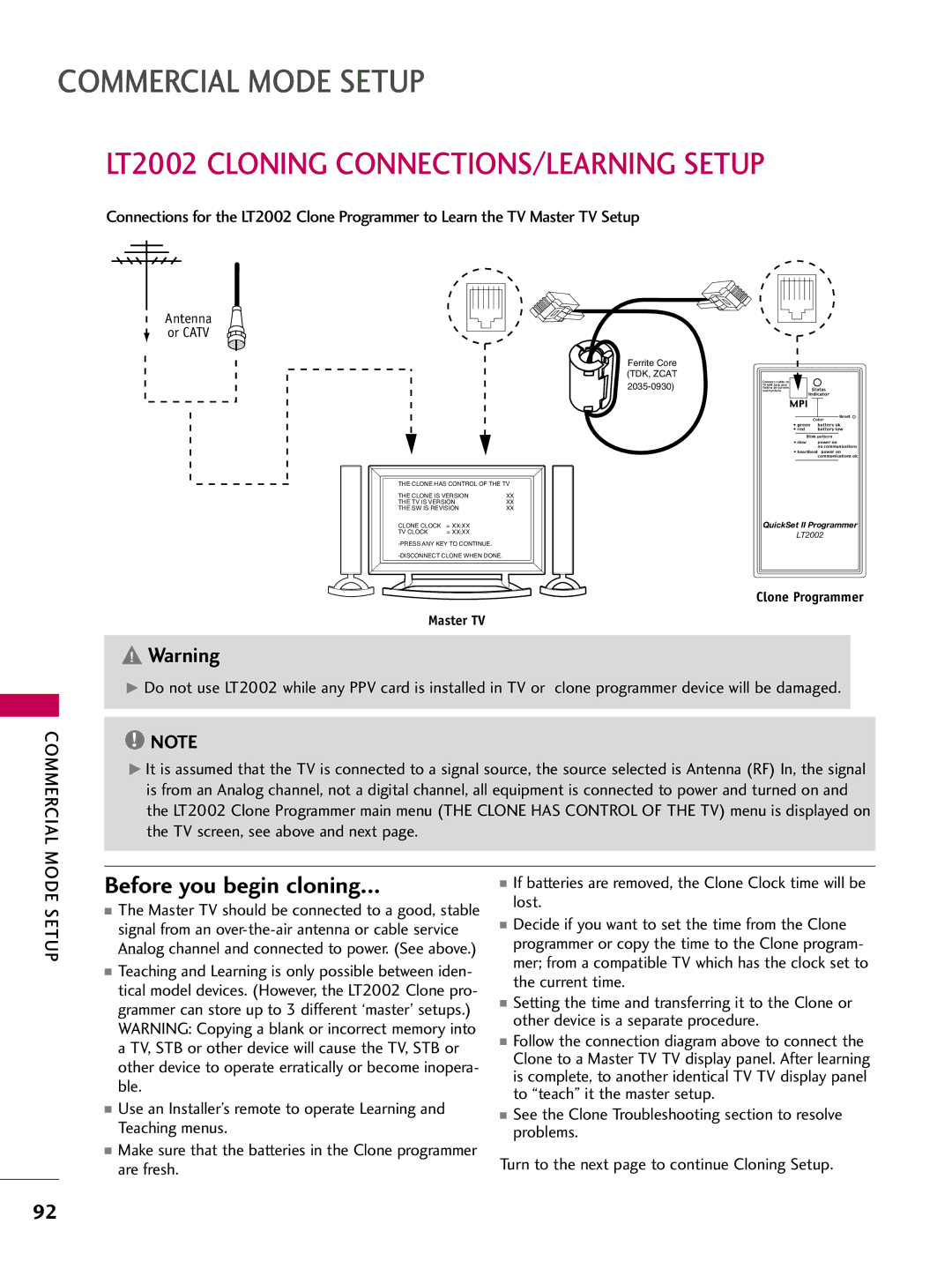 LG Electronics 37700H, 42700H LT2002 Cloning CONNECTIONS/LEARNING Setup, Before you begin cloning, Commercial, Mode Setup 