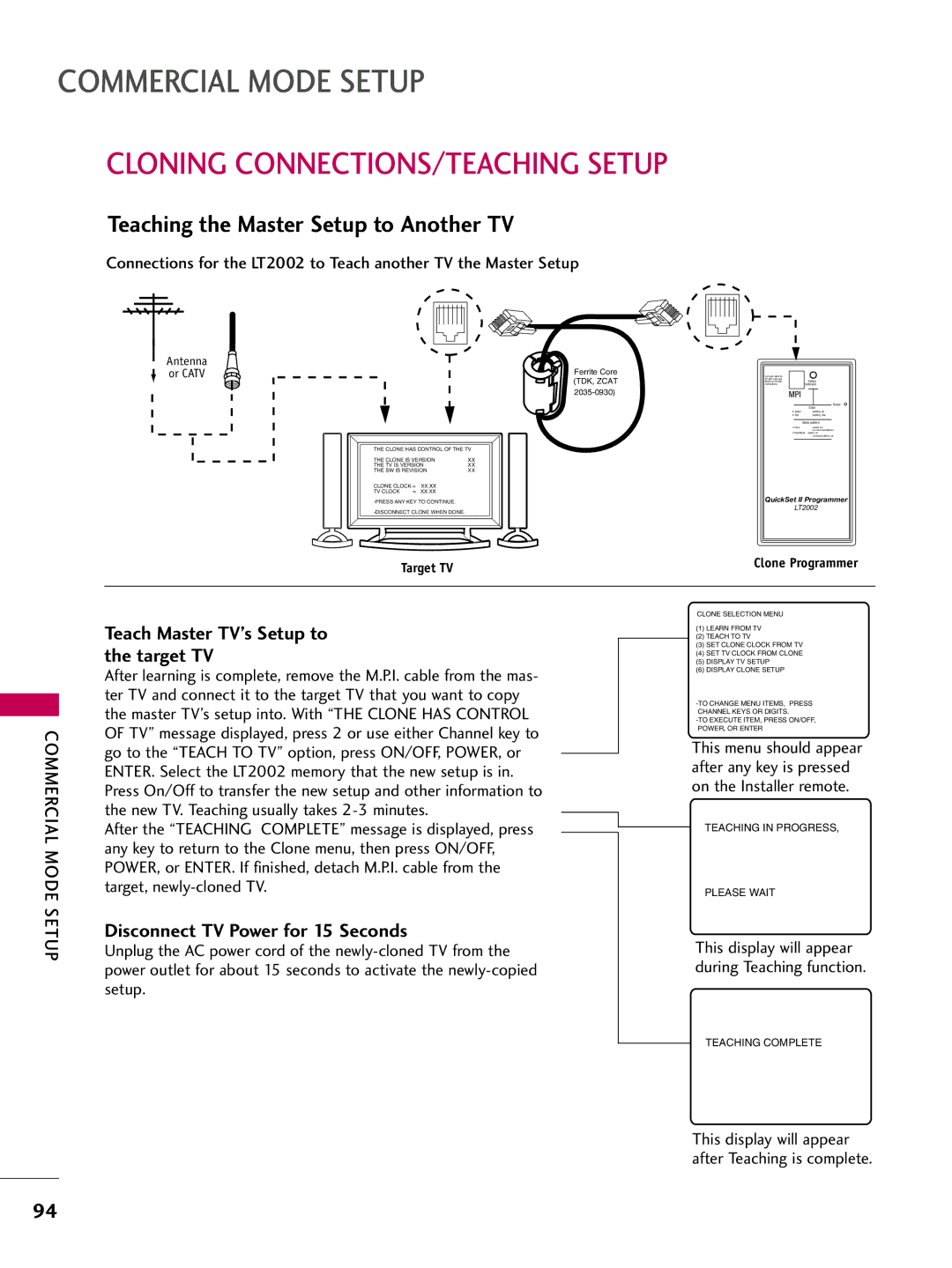 LG Electronics SAC30708043, 42700H, 37700H Cloning CONNECTIONS/TEACHING Setup, Teaching the Master Setup to Another TV 