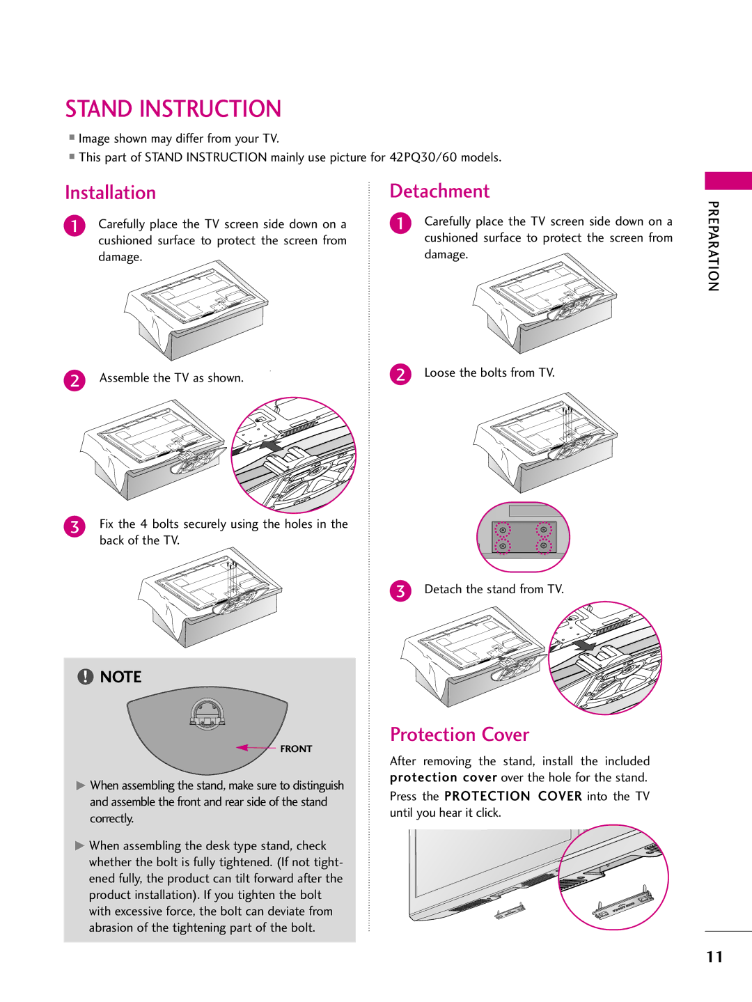 LG Electronics SAC33575901 owner manual Stand Instruction, Detachment, Protection Cover 