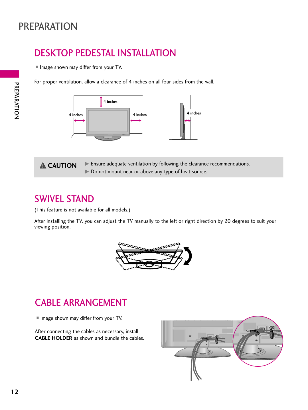 LG Electronics SAC33575901 owner manual Desktop Pedestal Installation, Swivel Stand, Cable Arrangement 