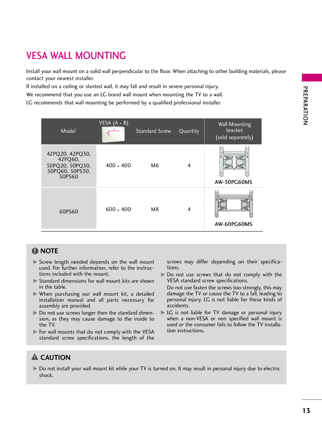 LG Electronics SAC33575901 owner manual Vesa Wall Mounting, 60PS60 600, AW-60PG60MS Preparation 