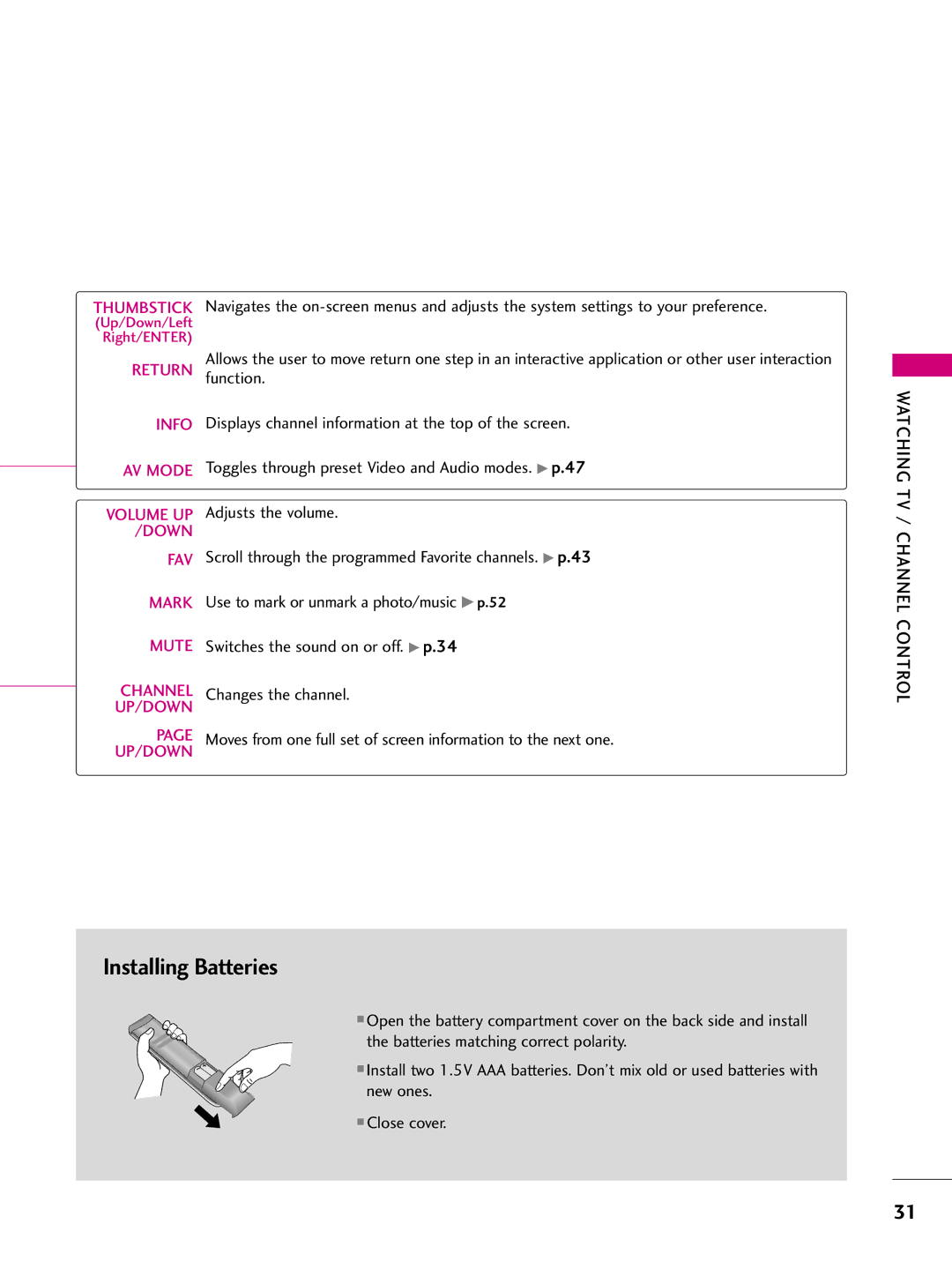 LG Electronics SAC33575901 owner manual Installing Batteries, Watching TV, Channel Control 