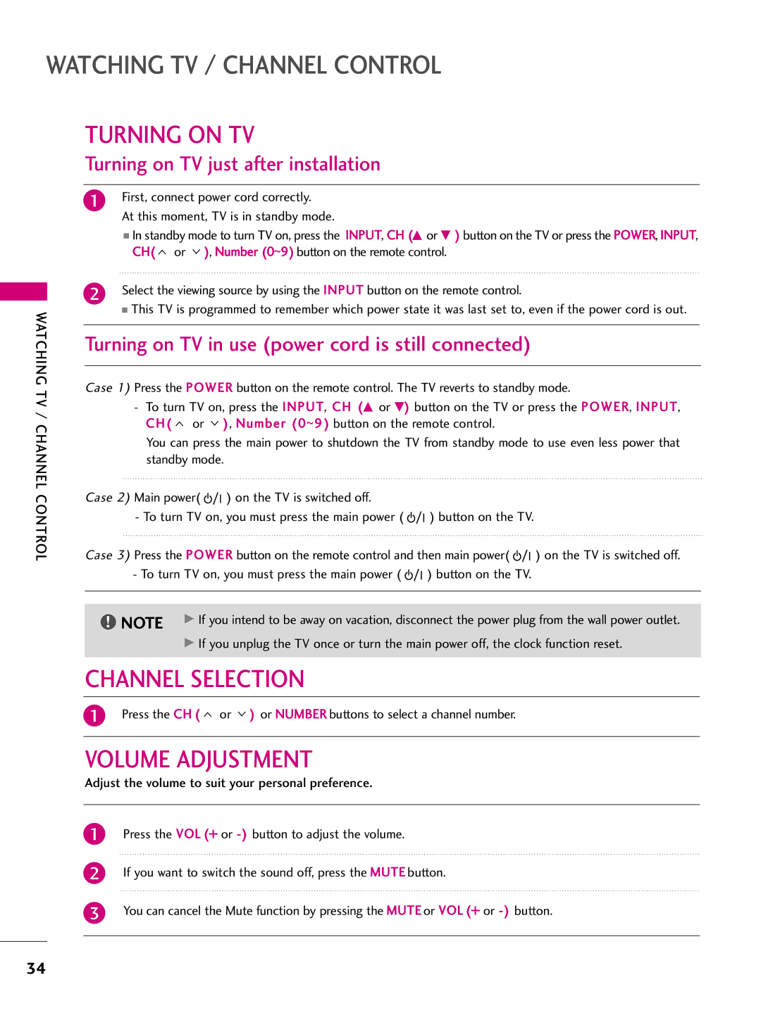 LG Electronics SAC33575901 owner manual Watching TV / Channel Control, Turning on TV, Channel Selection, Volume Adjustment 