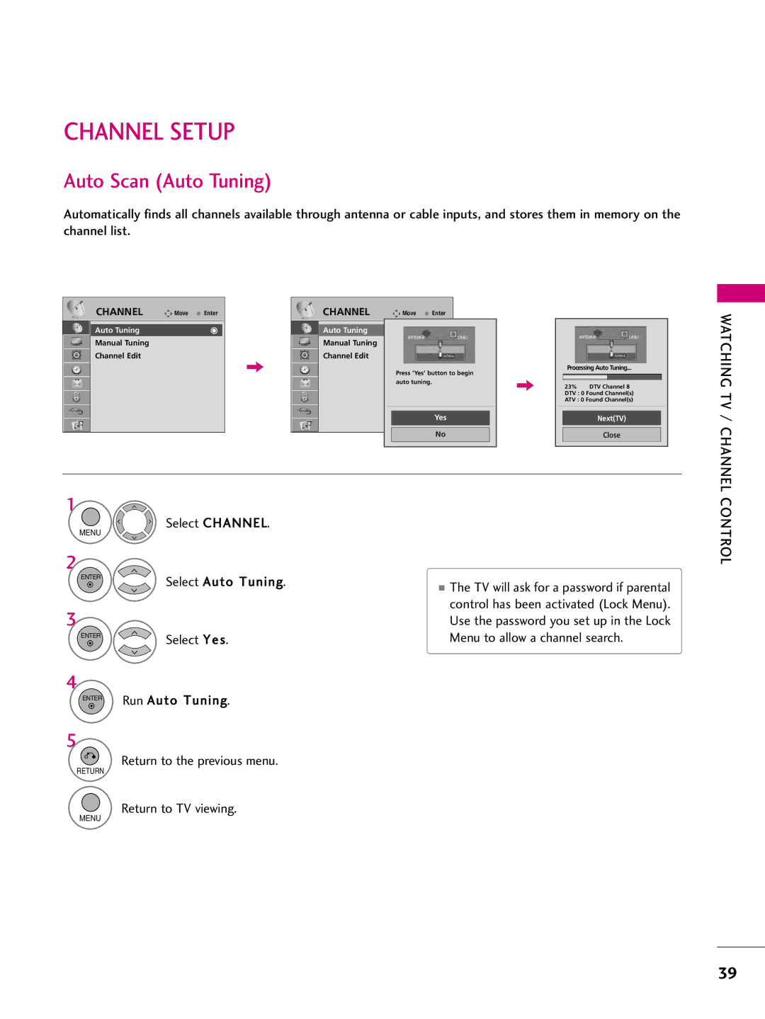 LG Electronics SAC33575901 owner manual Channel Setup, Auto Scan Auto Tuning, Watching TV / Channel, Select Channel 