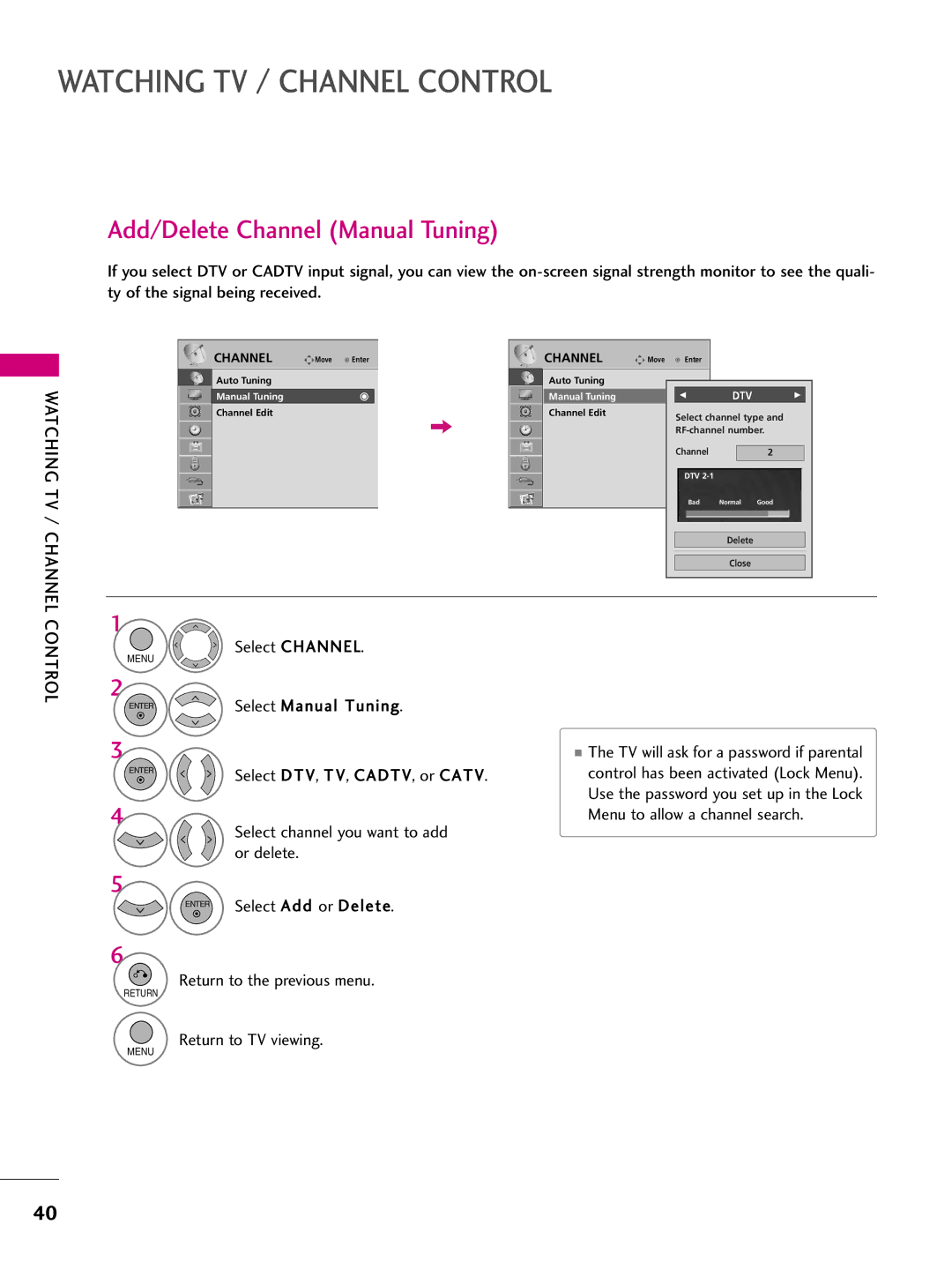 LG Electronics SAC33575901 owner manual Add/Delete Channel Manual Tuning, Control, Select Add or Delete 