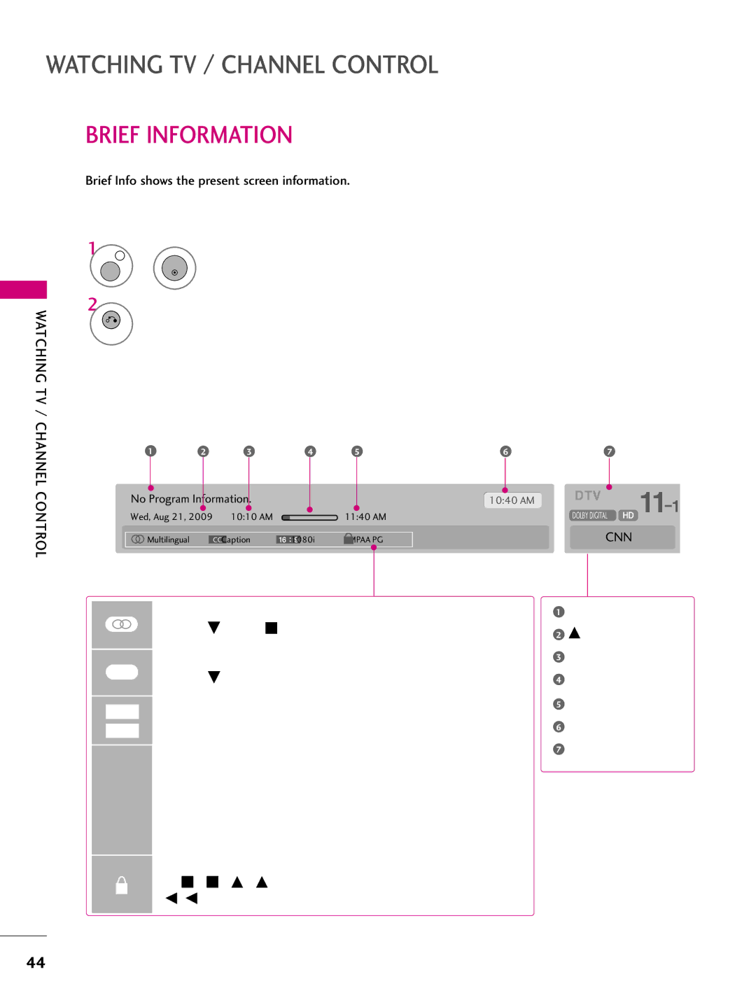 LG Electronics SAC33575901 owner manual Brief Information, Brief Info shows the present screen information 