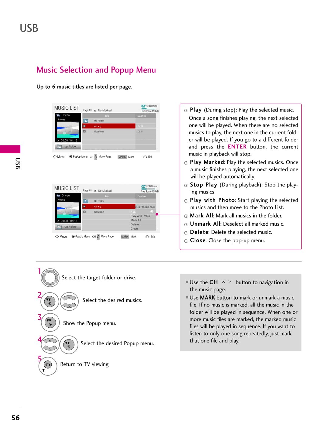 LG Electronics SAC33575901 Music Selection and Popup Menu, Up to 6 music titles are listed per, Select the desired musics 