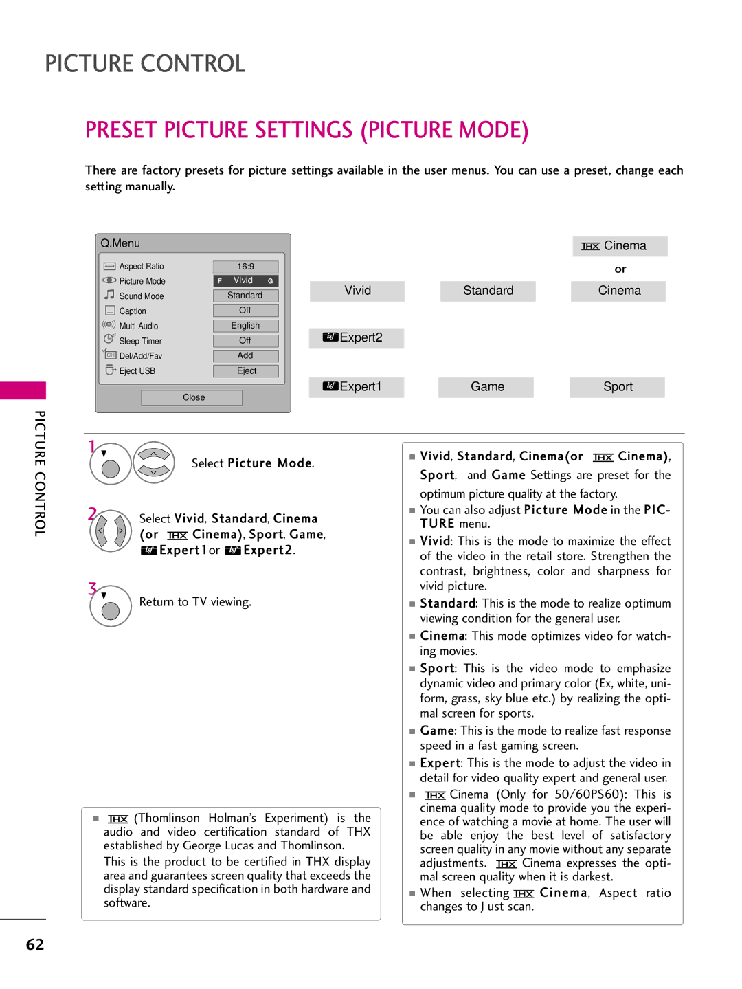 LG Electronics SAC33575901 owner manual Preset Picture Settings Picture Mode 