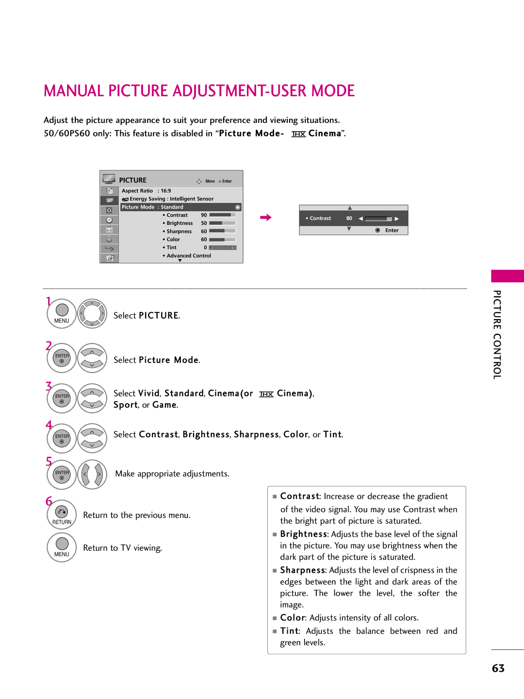 LG Electronics SAC33575901 Manual Picture ADJUSTMENT-USER Mode, Select Picture Mode Select Vivid, Standard, Cinemaor 