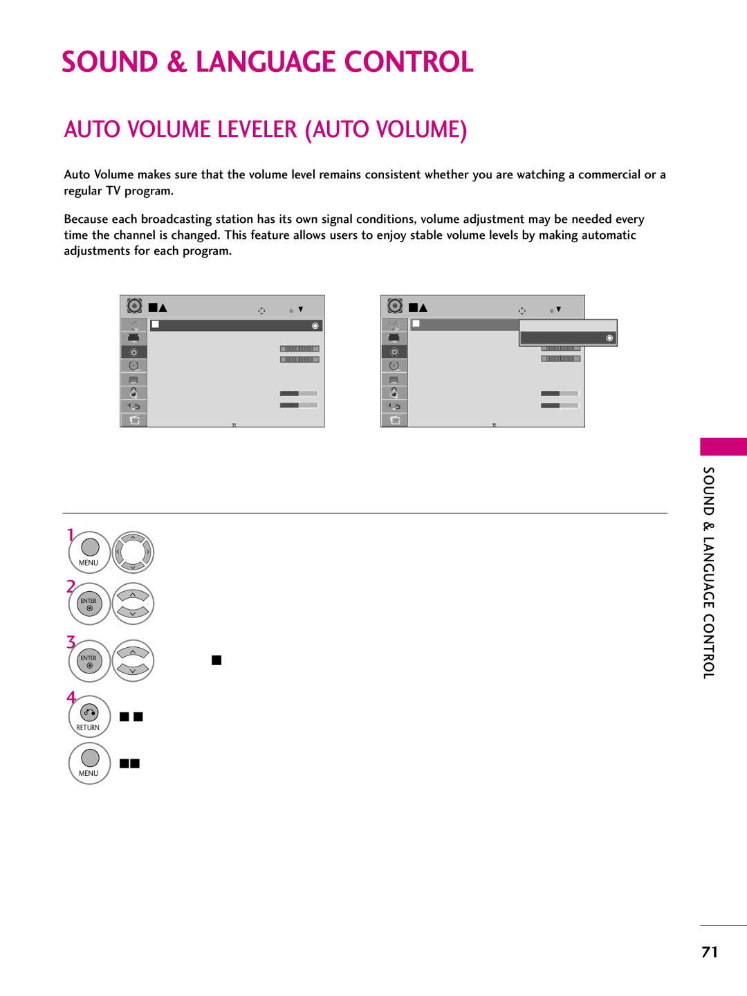 LG Electronics SAC33575901 owner manual Sound & Language Control, Auto Volume Leveler Auto Volume 