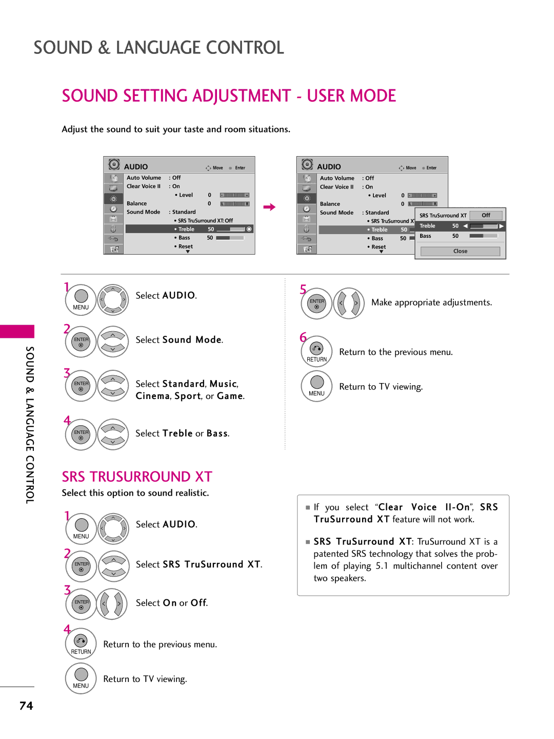 LG Electronics SAC33575901 owner manual Sound Setting Adjustment User Mode, Sound & Language 