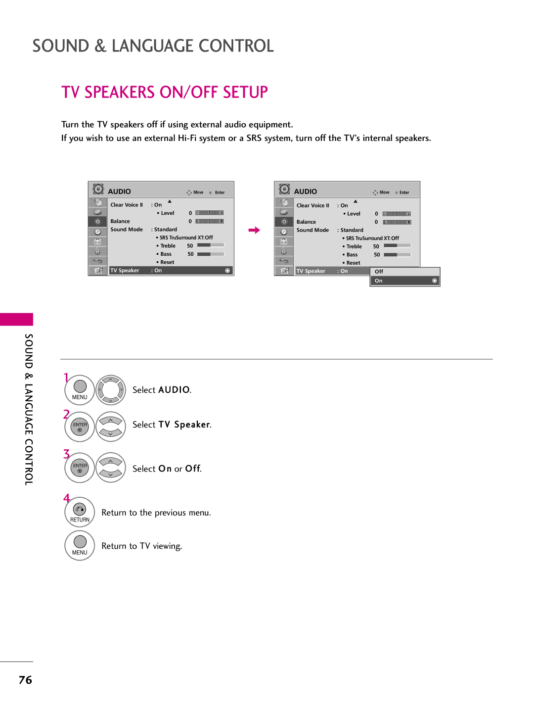 LG Electronics SAC33575901 owner manual TV Speakers ON/OFF Setup, Select TV 