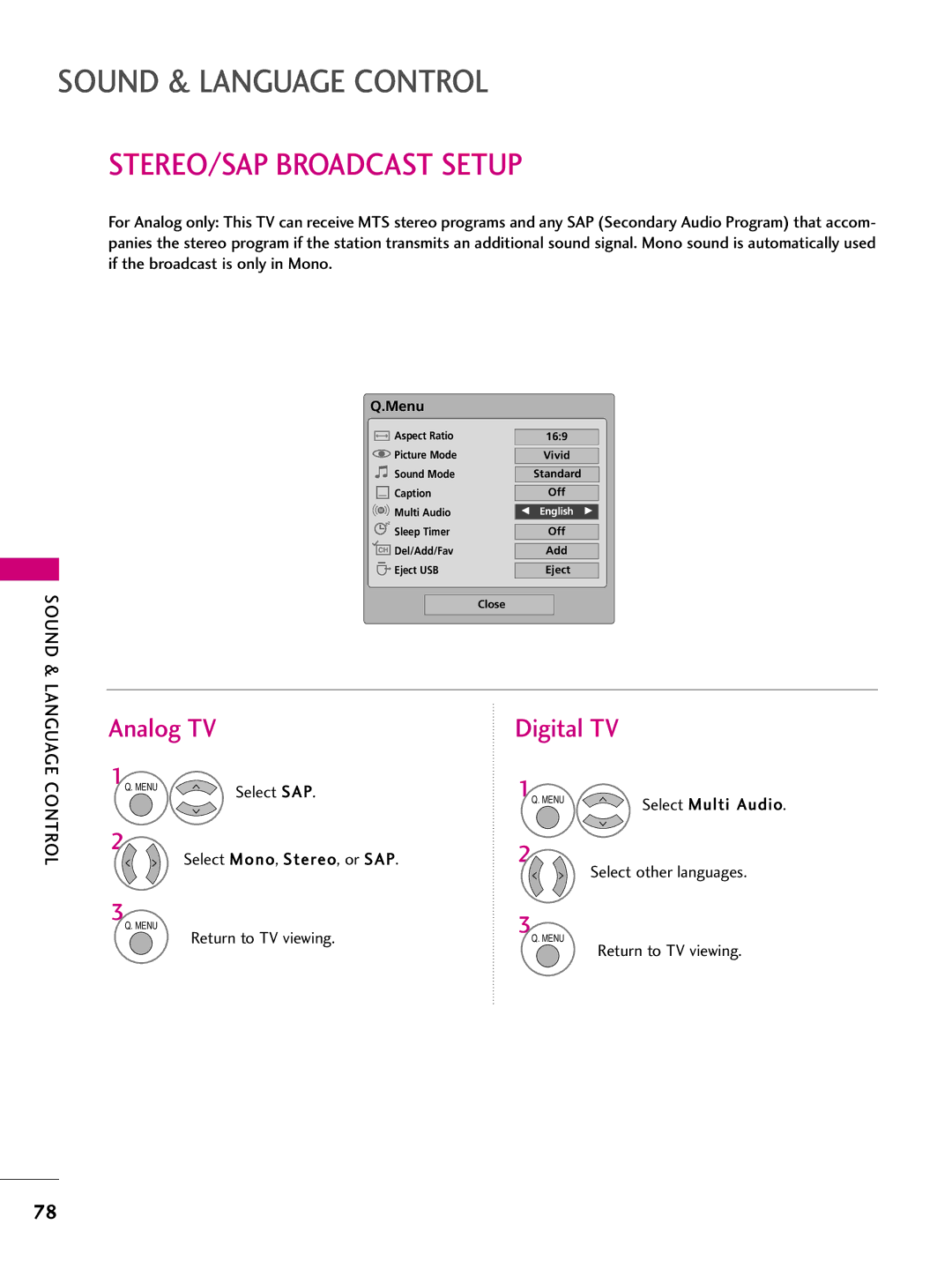 LG Electronics SAC33575901 owner manual STEREO/SAP Broadcast Setup, Analog TV, Digital TV, Language Control 