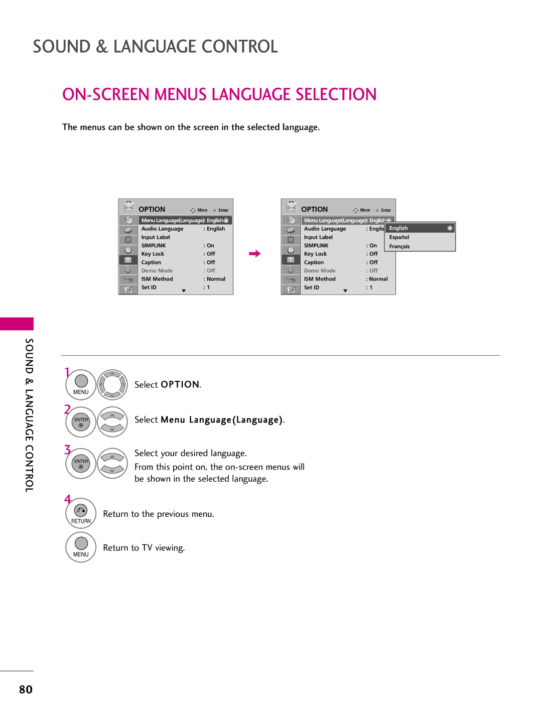 LG Electronics SAC33575901 ON-SCREEN Menus Language Selection, Menus can be shown on the screen in the selected language 