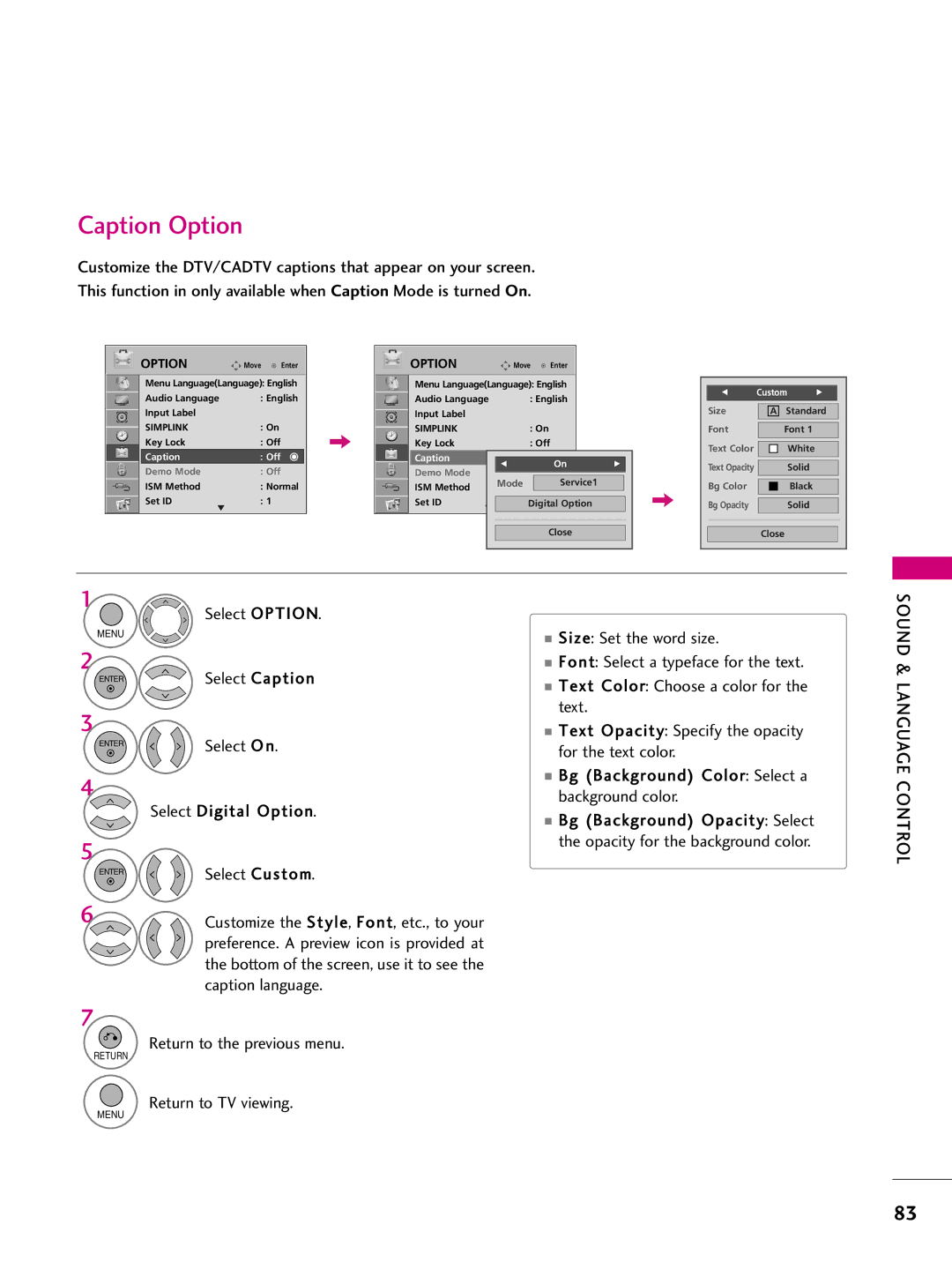 LG Electronics SAC33575901 owner manual Caption Option 