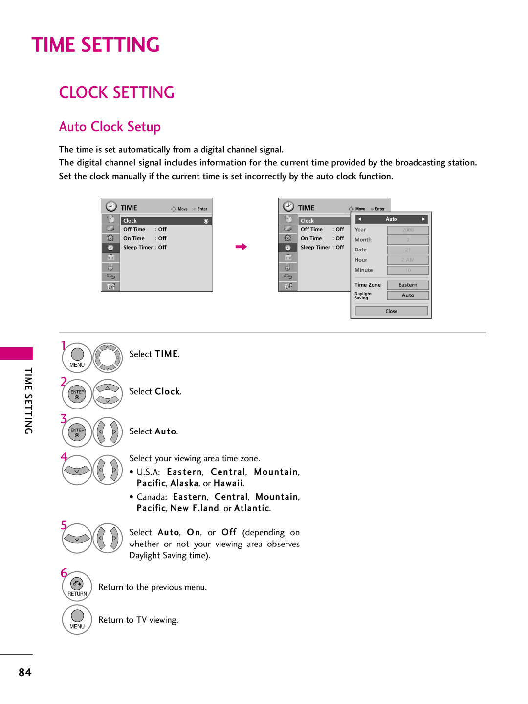 LG Electronics SAC33575901 owner manual Time Setting, Clock Setting, Auto Clock Setup 