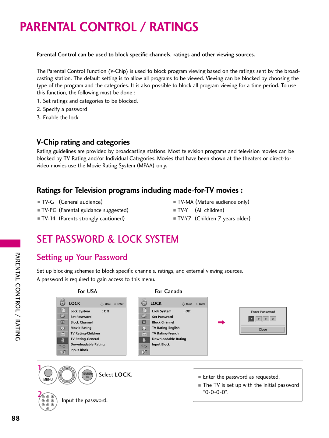 LG Electronics SAC33575901 owner manual Parental Control / Ratings, SET Password & Lock System, Setting up Your Password 