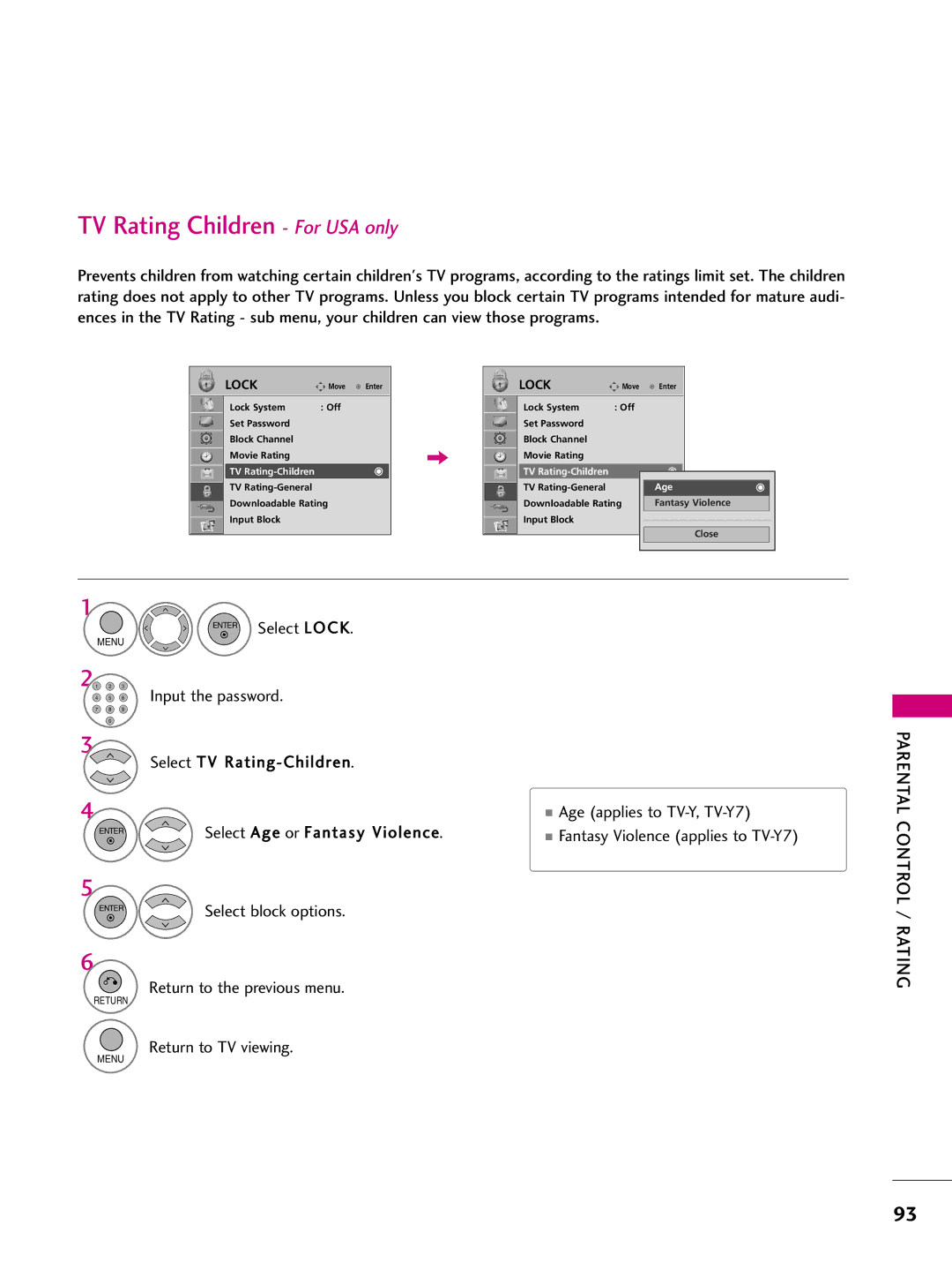 LG Electronics SAC33575901 TV Rating Children For USA only, Select TV Rating-Children Age applies to TV-Y, TV-Y7 