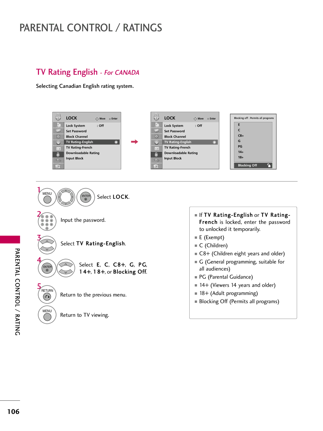 LG Electronics SAC33601903 (1004-REV05) owner manual TV Rating English For Canada, Selecting Canadian English rating system 