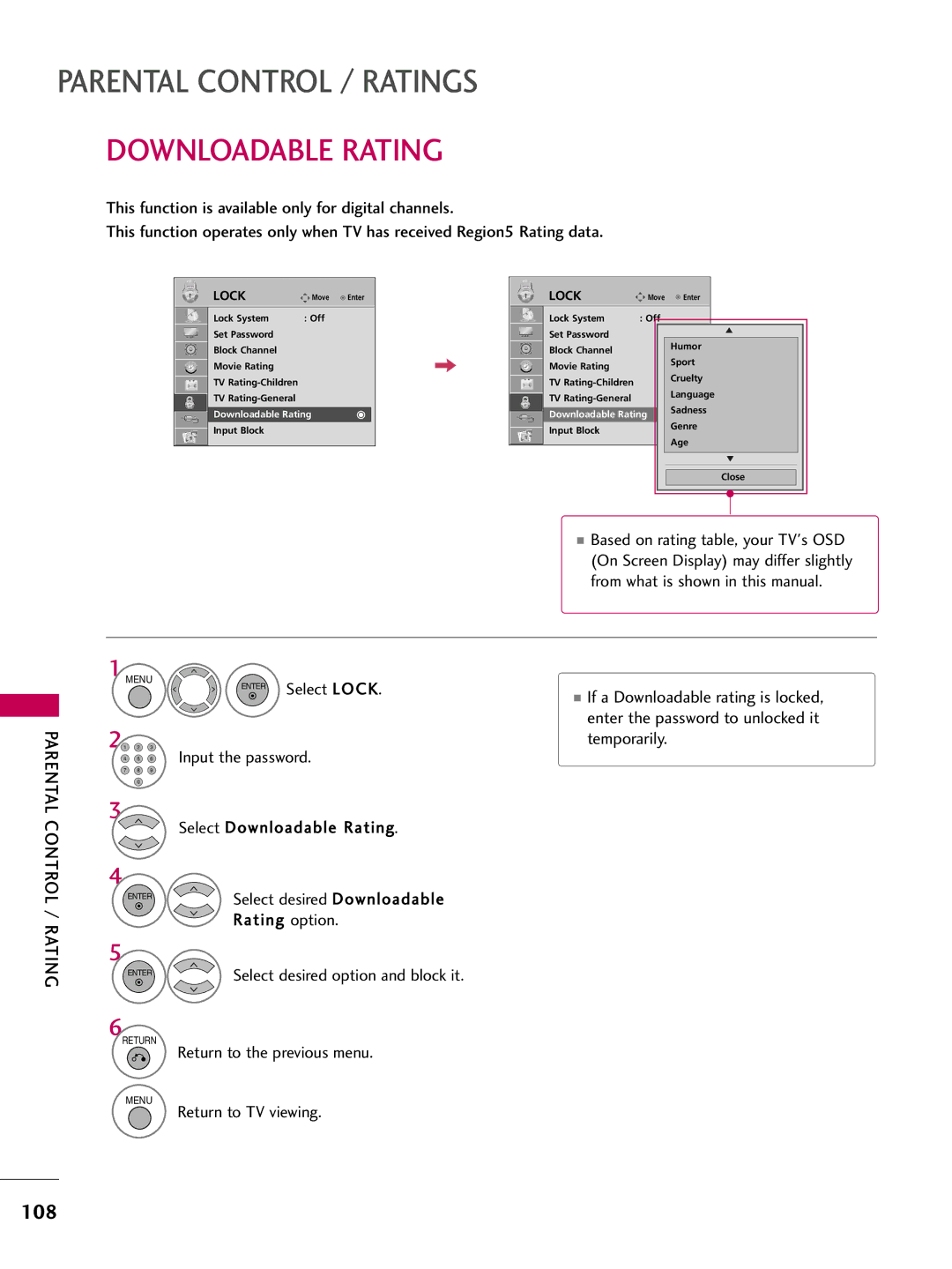 LG Electronics SAC33601903 (1004-REV05) owner manual Downloadable Rating, Parental Control / Rating 