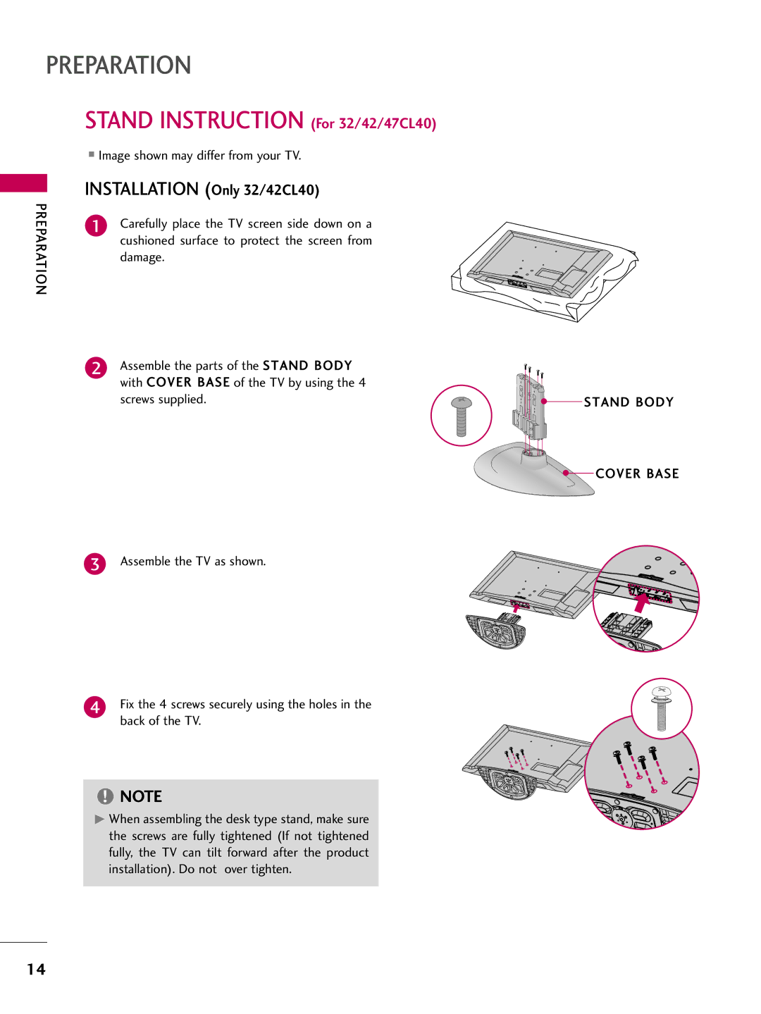 LG Electronics SAC33601903 (1004-REV05) owner manual Stand Instruction For 32/42/47CL40, Stand Body Cover Base 