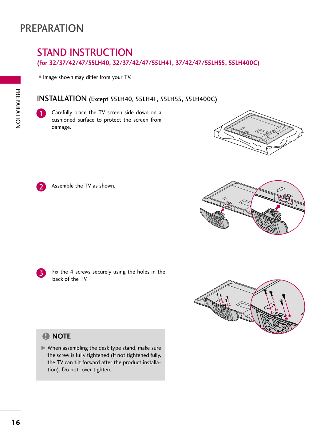 LG Electronics SAC33601903 (1004-REV05) Stand Instruction, Installation Except 55LH40, 55LH41, 55LH55, 55LH400C 