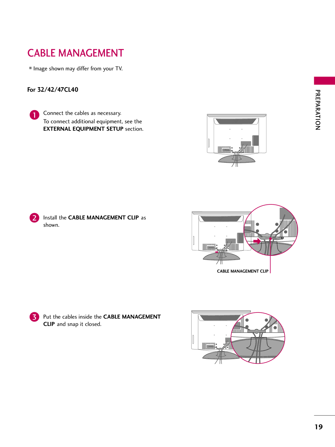 LG Electronics SAC33601903 (1004-REV05) owner manual Cable Management, Shown 