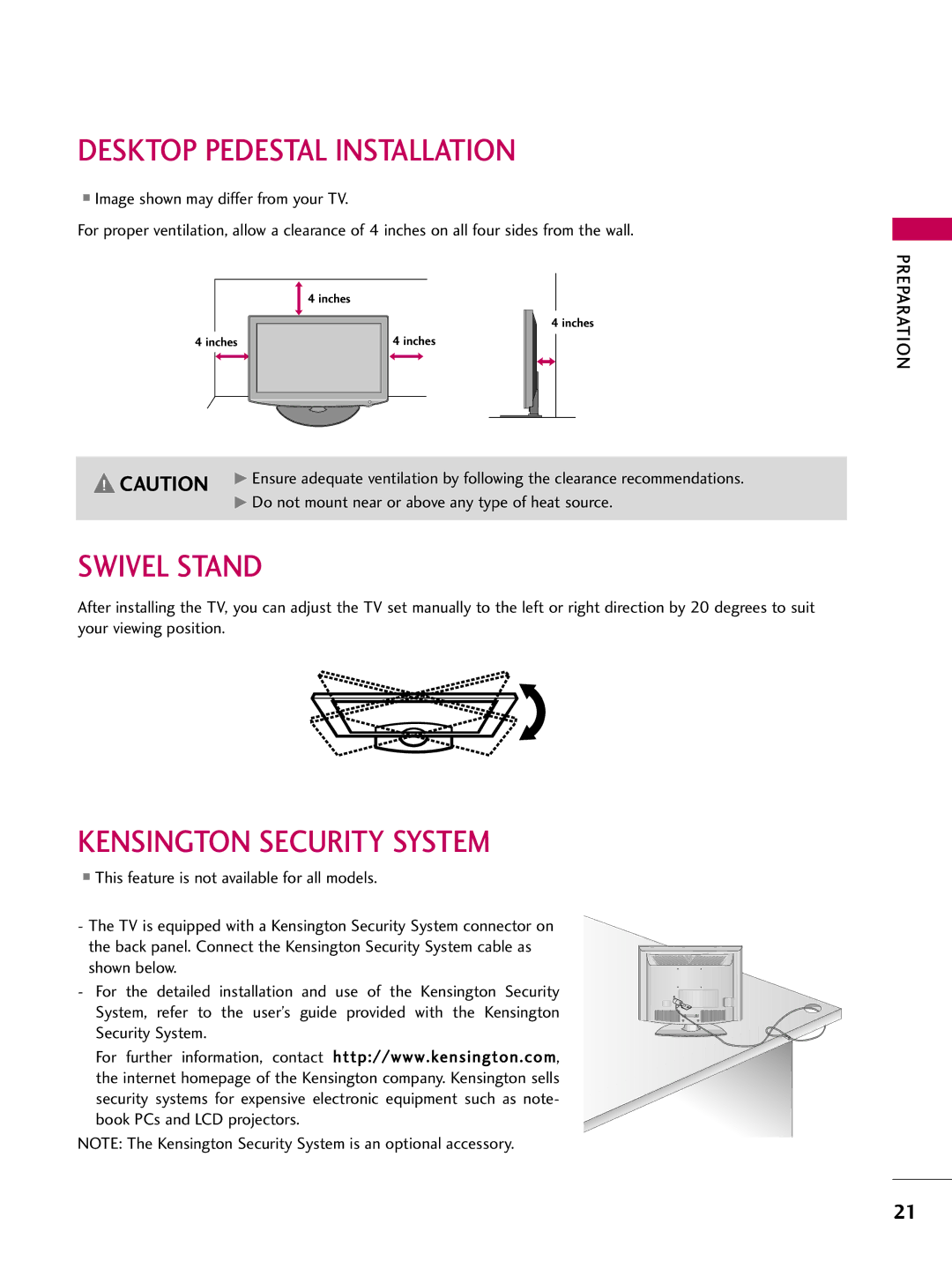 LG Electronics SAC33601903 (1004-REV05) Desktop Pedestal Installation, Swivel Stand, Kensington Security System 