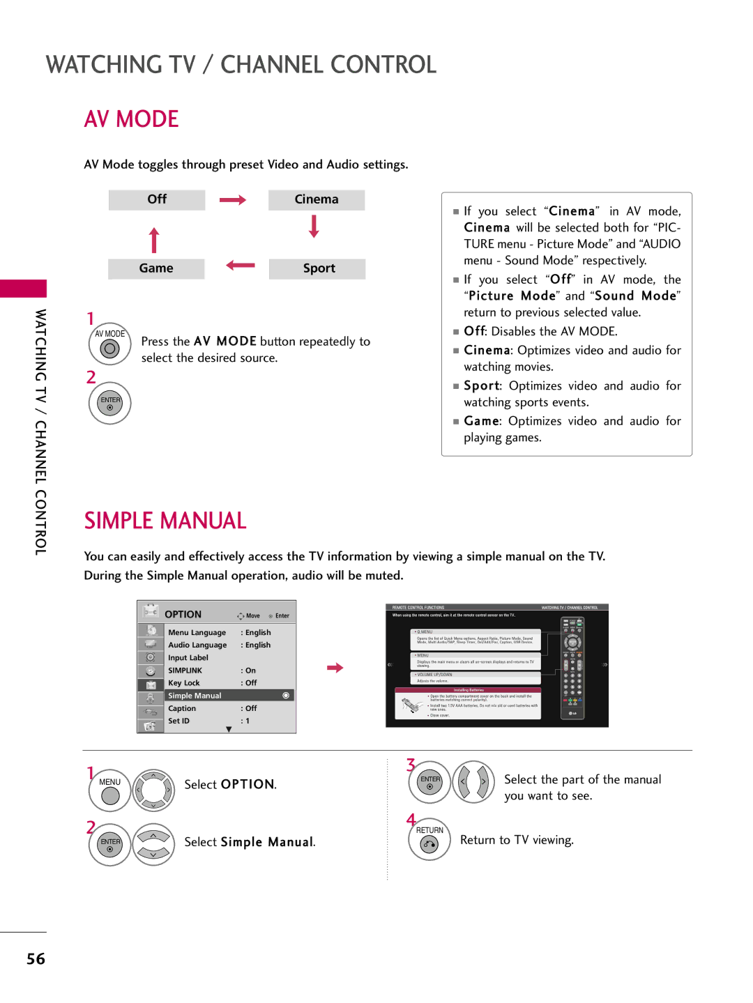 LG Electronics SAC33601903 (1004-REV05) owner manual AV Mode, Simple Manual 