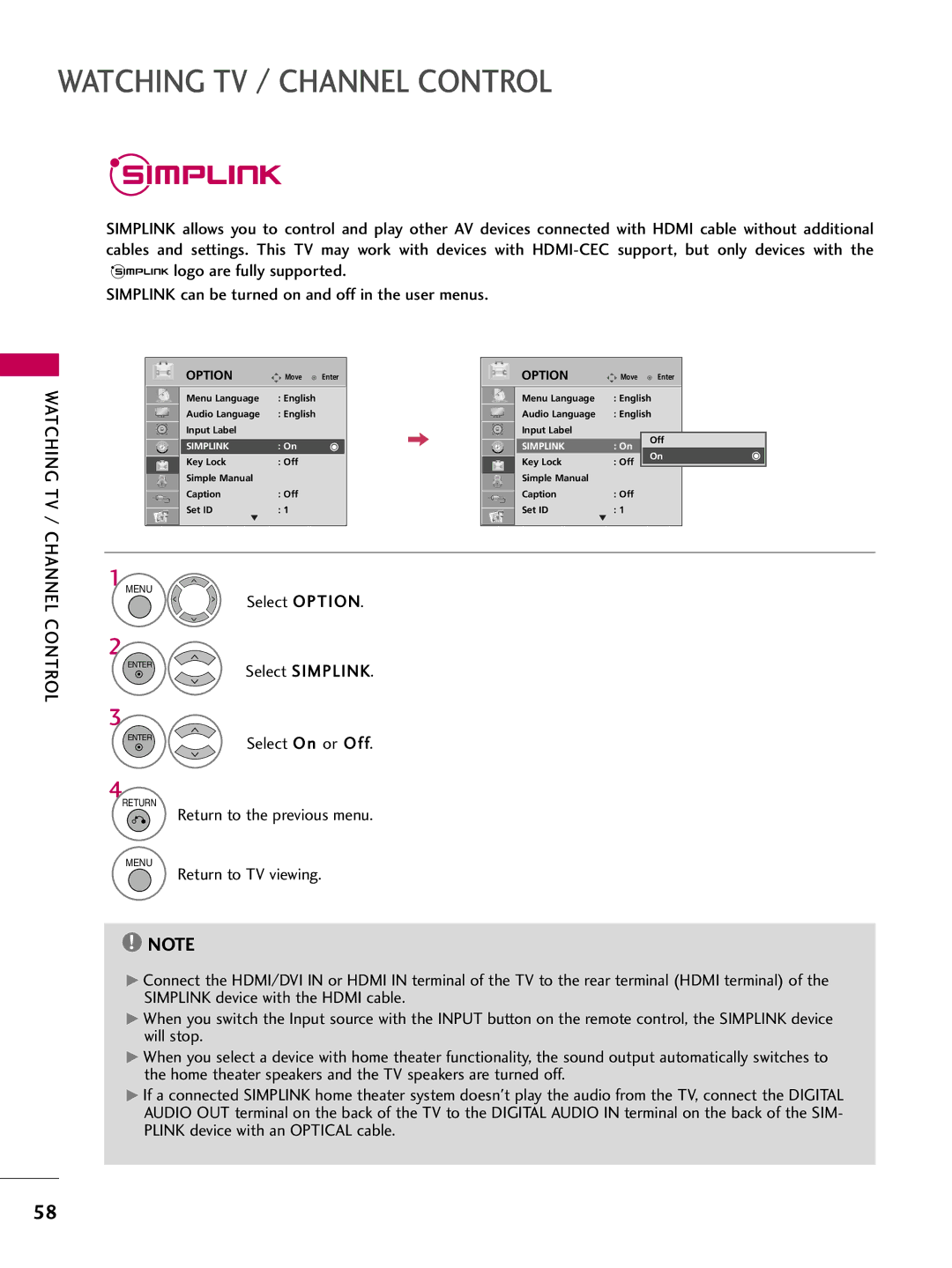 LG Electronics SAC33601903 (1004-REV05) owner manual Return Menu 