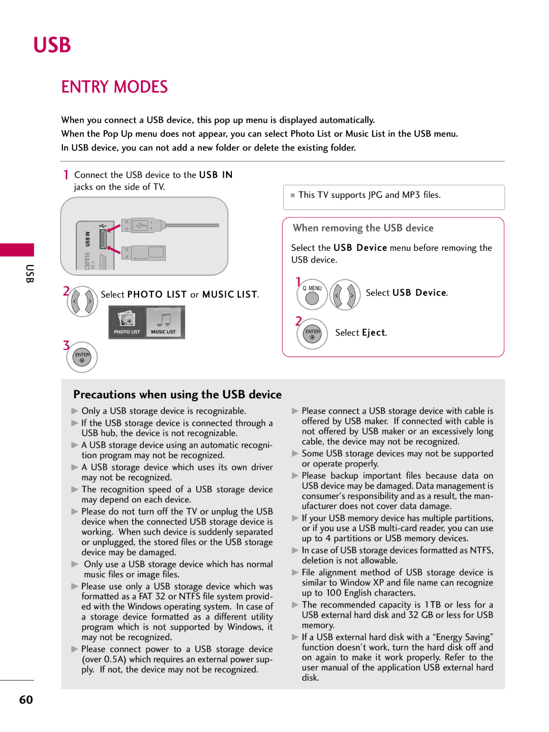 LG Electronics SAC33601903 (1004-REV05) Usb, Entry Modes, Select USB Device, Only a USB storage device is recognizable 