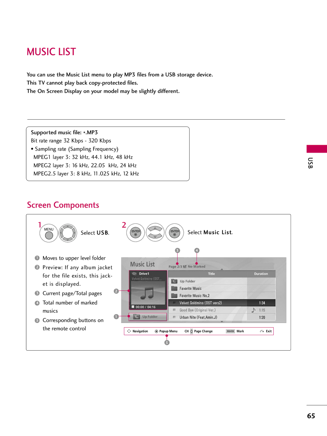 LG Electronics SAC33601903 (1004-REV05) owner manual Select USB Select Music List 