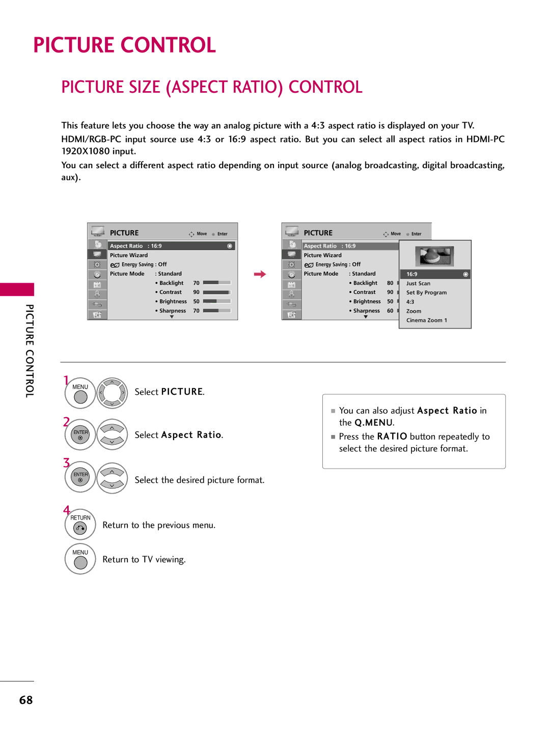 LG Electronics SAC33601903 (1004-REV05) Picture Control, Picture Size Aspect Ratio Control, Select Aspect Ratio 