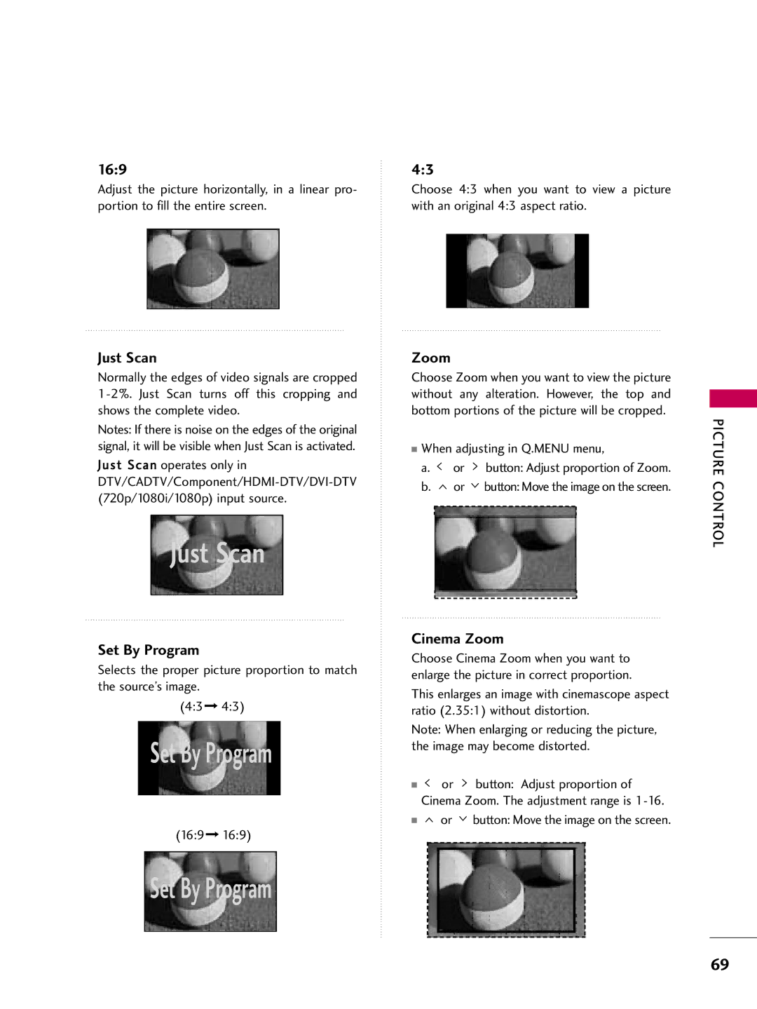 LG Electronics SAC33601903 (1004-REV05) 169, When adjusting in Q.MENU menu, Or button Move the image on the screen 