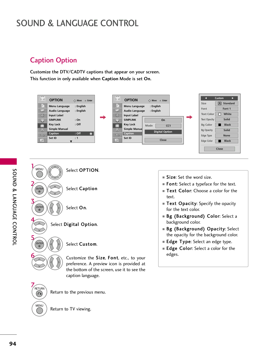 LG Electronics SAC33601903 (1004-REV05) owner manual Caption Option 