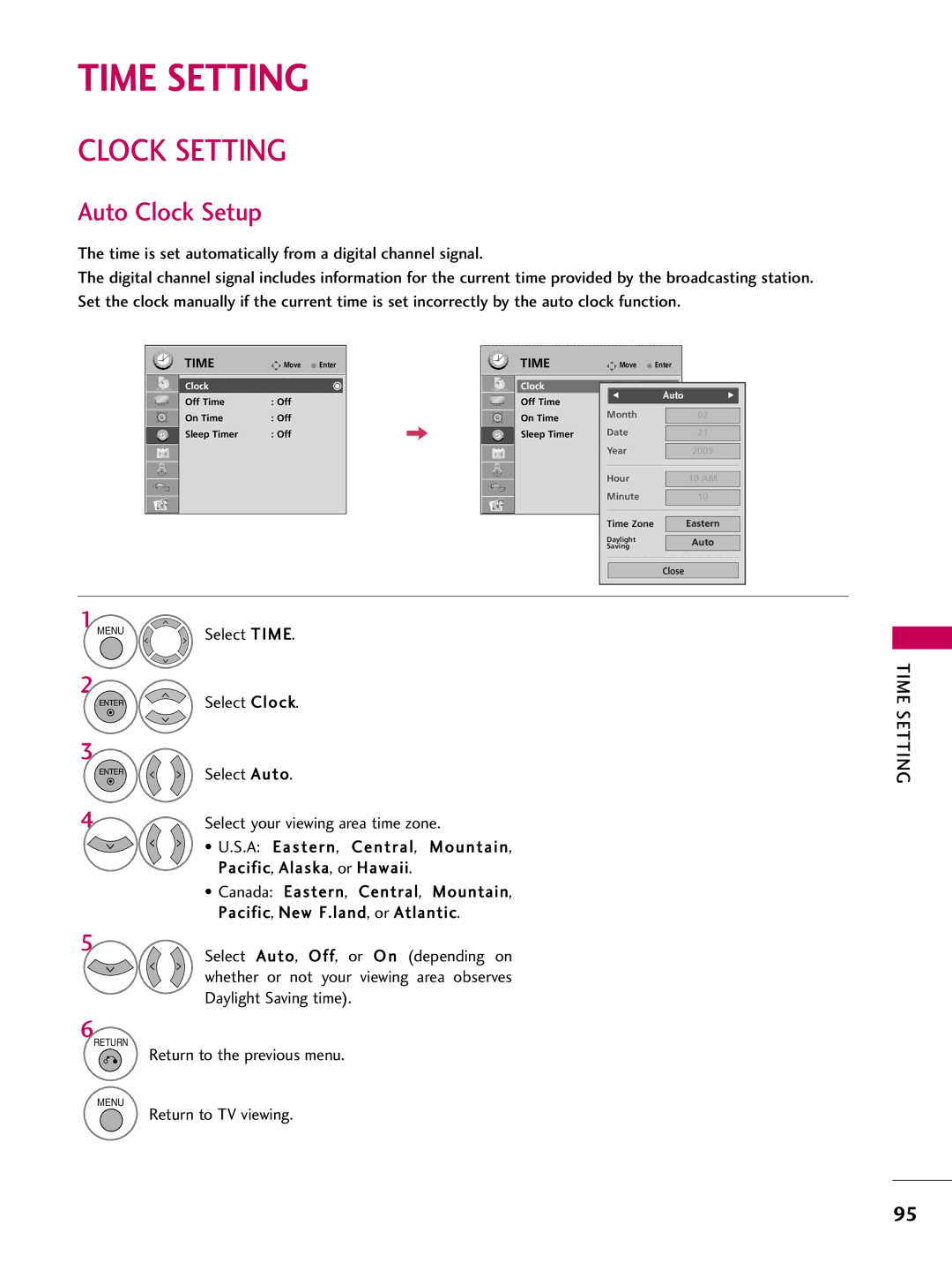 LG Electronics SAC33601903 (1004-REV05) owner manual Time Setting, Clock Setting, Auto Clock Setup 