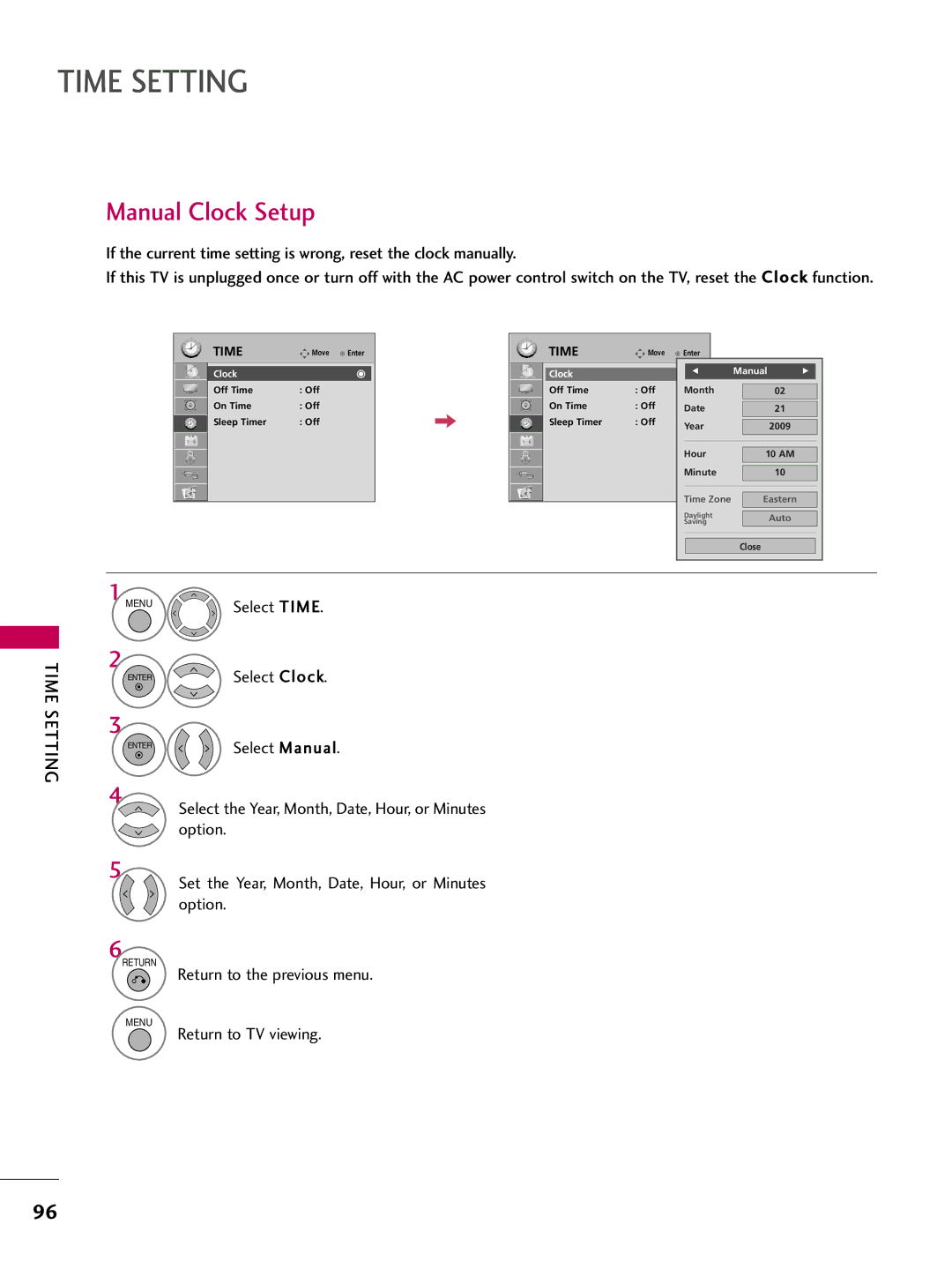 LG Electronics SAC33601903 (1004-REV05) owner manual Time Setting, Manual Clock Setup 