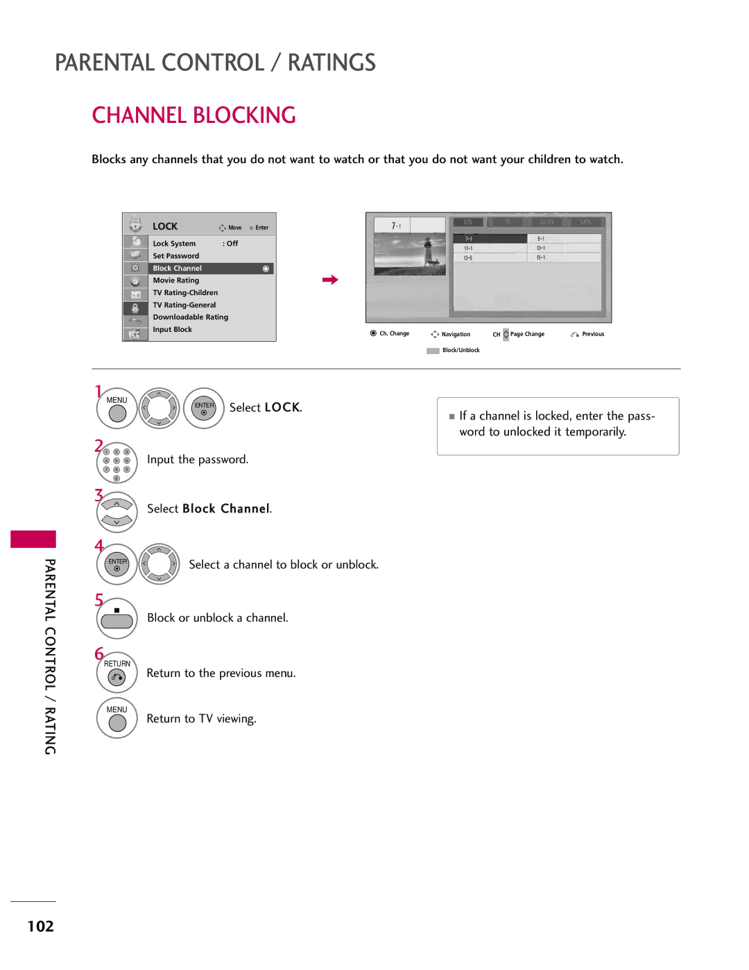 LG Electronics 42LH55, SAC33601903, 37LH55 Channel Blocking, Select L OCK, Word to unlocked it temporarily, Block Channel 